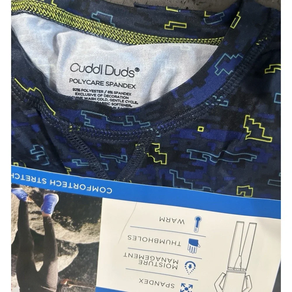 NEW Cuddl Duds Base Layer Boys Youth XL 2pc Set Pant & Crew Top Blue Pattern NWT